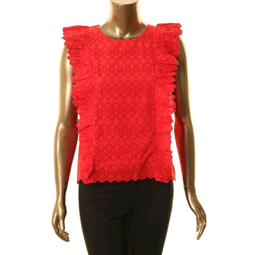 LAUREN RALPH LAUREN Women's Red Petite Eyelet Ruffled Blouse Shirt Top PM  New